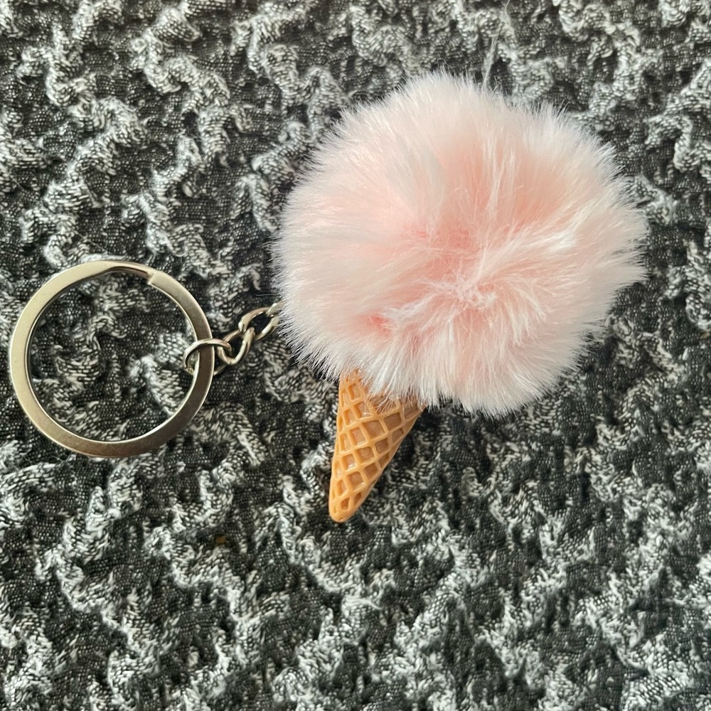 Fluffy Pink Ice Cream Cone Keychain